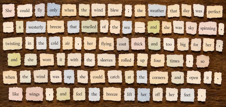 PattyMcG-feature-manipulative-720 | MiddleWeb Collage of Scrabble-like tiles arranged to form a long narrative about a girl who could fly when the wind blew, on a brown wooden background.