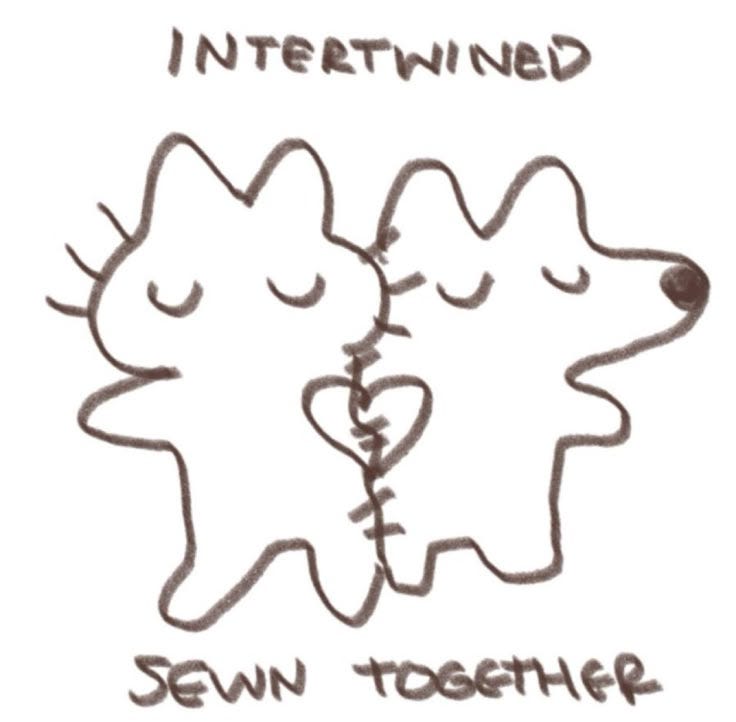 This may contain: an image of two bears with the words, intertwined sewn together on them
