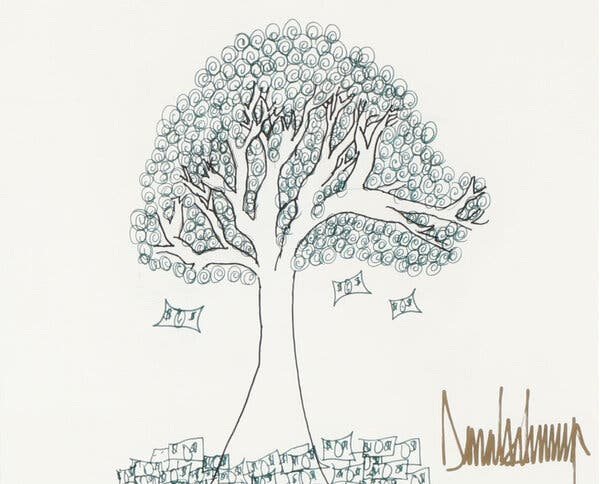 A hand-drawn sketch with Mr. Trump’s signature of what an auction house described as a “money tree.” A hand-drawn sketch with Mr. Trump’s signature of what an auction house described as a “money tree.”