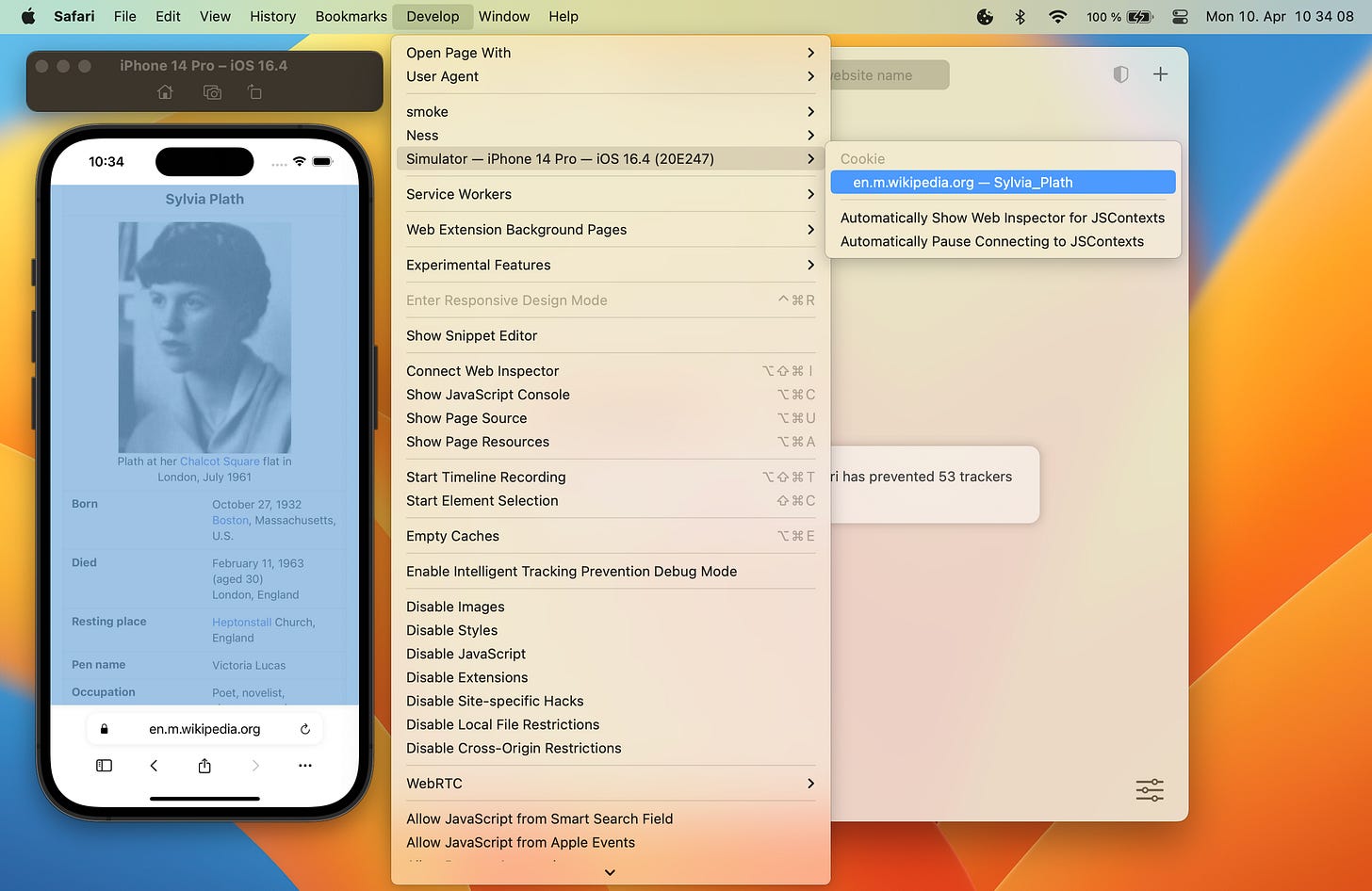 Safari on macOS displaying the Develop menu and the option to inspect a WebKit-based iOS app on the iOS Simulator