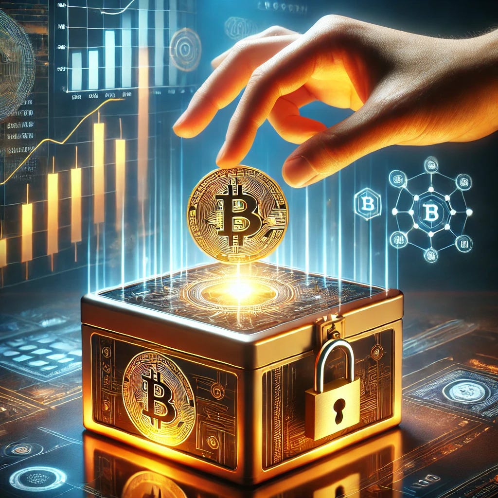 A concept image of investing in Bitcoin. A person places a golden Bitcoin coin into a secure, futuristic-looking box with a lock, symbolizing long-term investment and security. The box has a digital, high-tech design with glowing elements, representing blockchain technology. The background features a financial growth chart and a cyber-themed atmosphere.