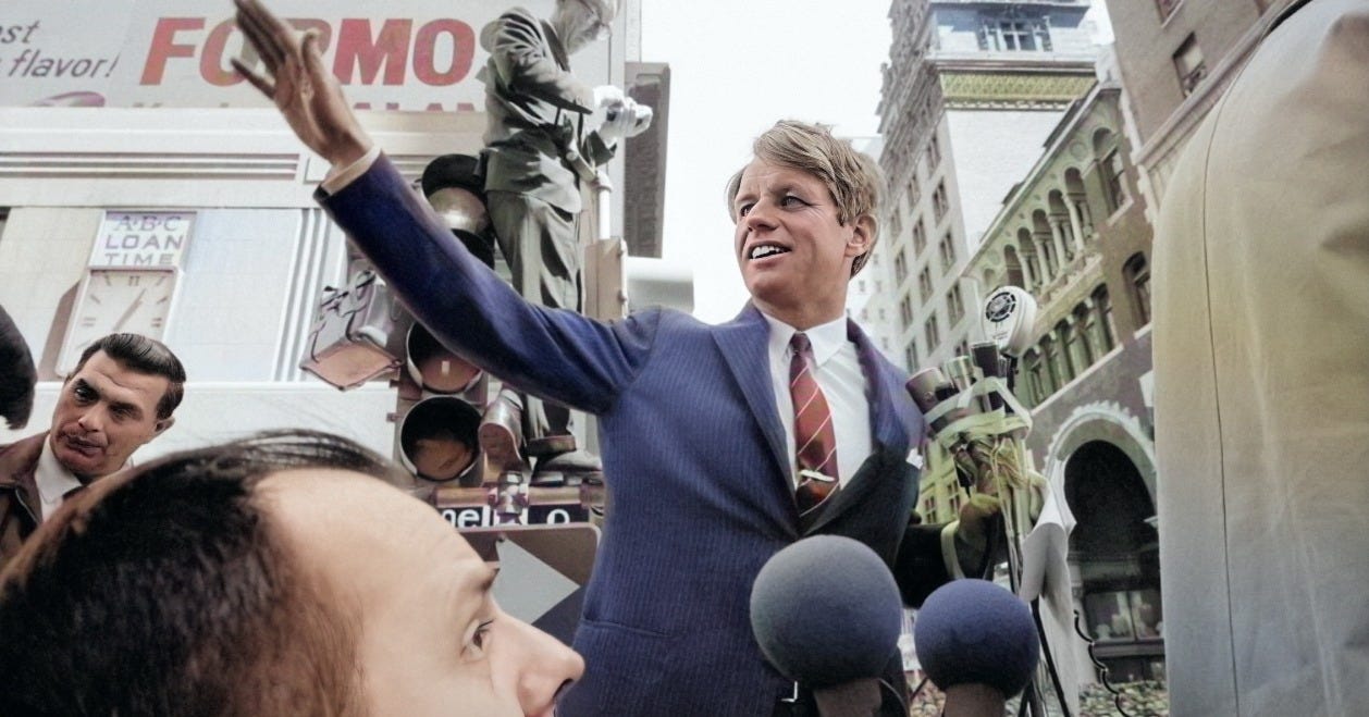 RFK speaking at a campaign rally before assassination in 1968