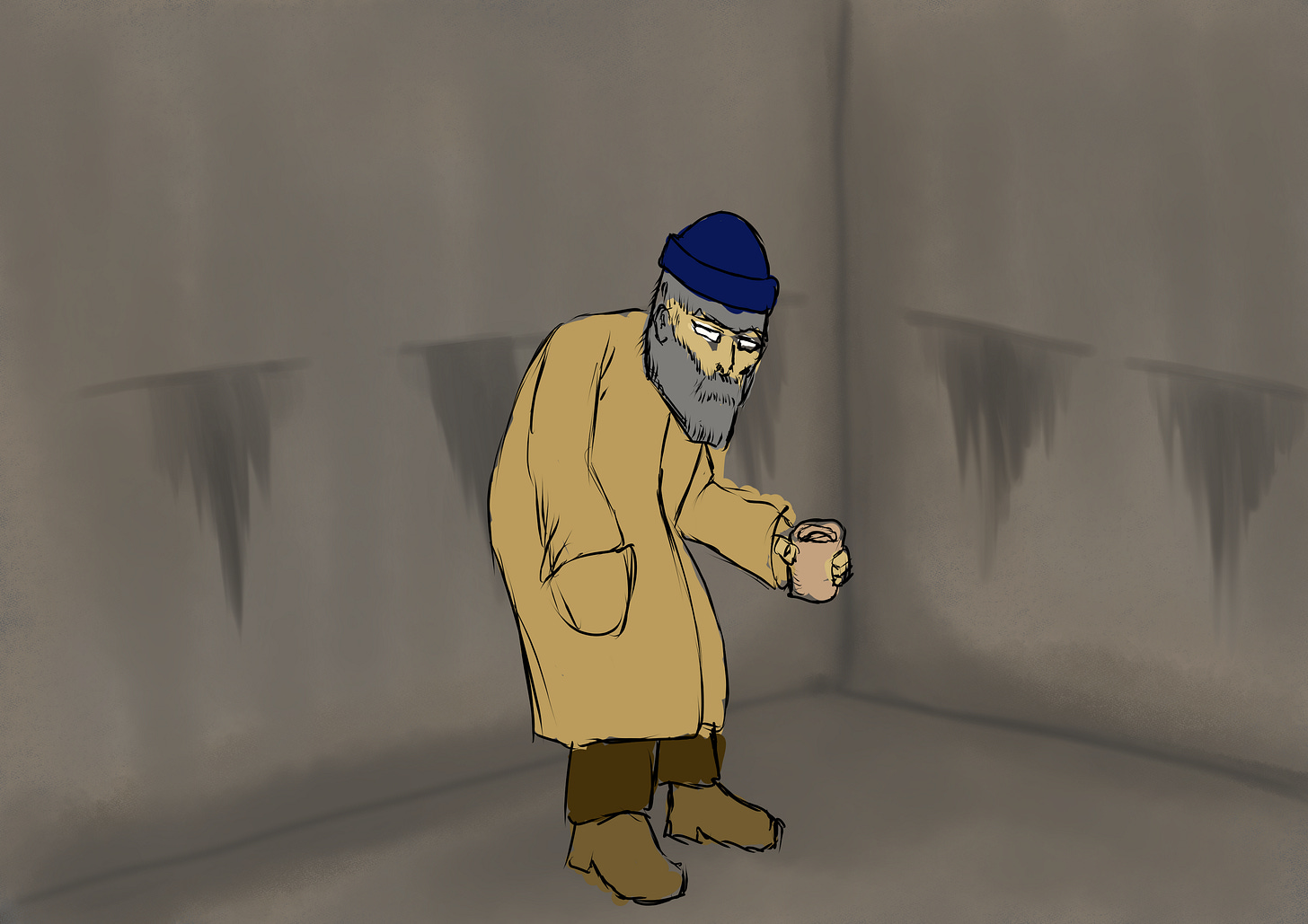 An old man in a basement with a cup of coffee. It's not very good.