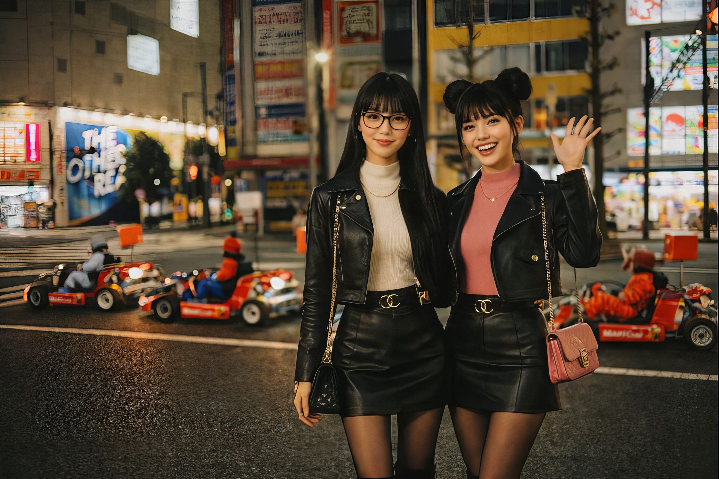 Two young women posing on Akihabara street with colorful go-karts and neon anime billboards behind them