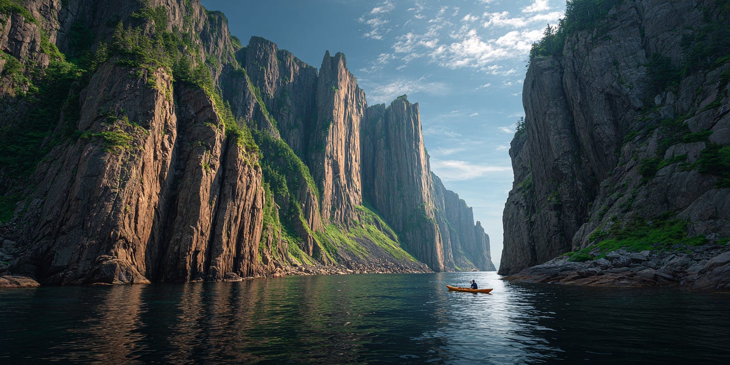 Kayak gliding through a Newfoundland fjord with dramatic cliffs and calm waters. Kayak gliding through a Newfoundland fjord with dramatic cliffs and calm waters.