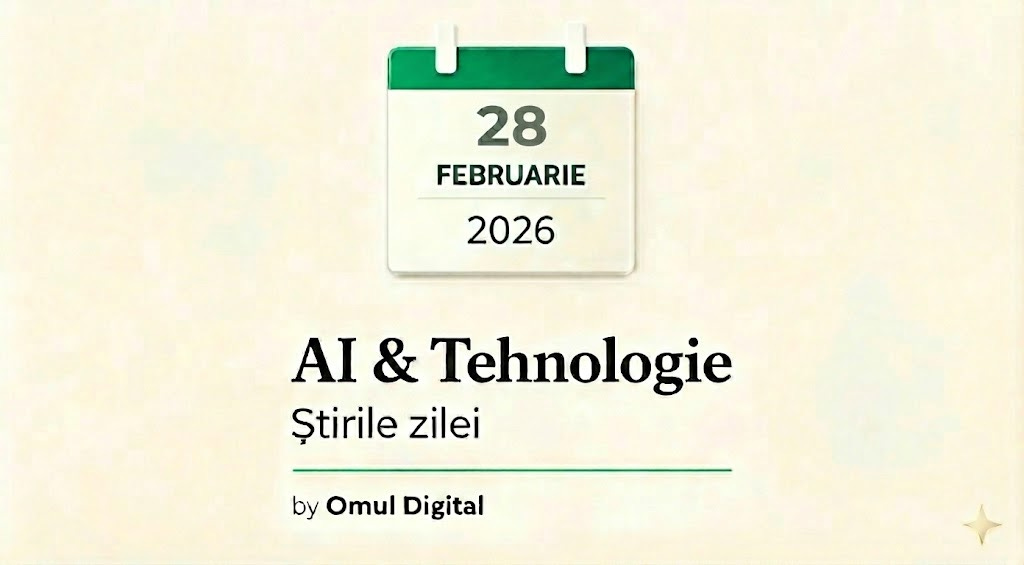 Vizual editorial pentru știri zilnice despre AI și tehnologie, cu un calendar minimalist care afișează data curentă, titlul «AI & Tehnologie – Știrile zilei» și branding discret Omul Digital, pe fundal deschis și curat. Vizual editorial pentru știri zilnice despre AI și tehnologie, cu un calendar minimalist care afișează data curentă, titlul «AI & Tehnologie – Știrile zilei» și branding discret Omul Digital, pe fundal deschis și curat.