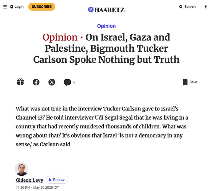 Israeli writer Gideon Levy said Tucker’s interview contained only truths