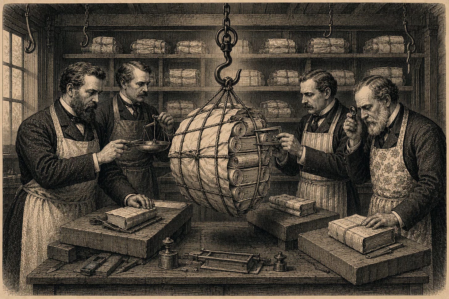 Wood-engraving editorial illustration in the Thomas Nast Harper's Weekly style for Attention Capital's essay How WWE Sold the Same Audience Four Times. A 19th century butcher's parlor reimagined as a financial workshop holds a central wrapped bundle of rolled contracts hanging from a hook, with four Victorian butcher-bankers in distinct professional dress preparing to cut a single slice each using precision instruments, while a back shelving unit displays previously cut and priced slices. The image visualizes the parsed rights stack as opposed to the bundled rights deal: WWE refused the bundle structure and let four separate counterparties bid on four separate program blocks, the structural decision that produced TKO's $2.2 billion annual rights stack across Netflix, NBCU, ESPN, and Paramount.