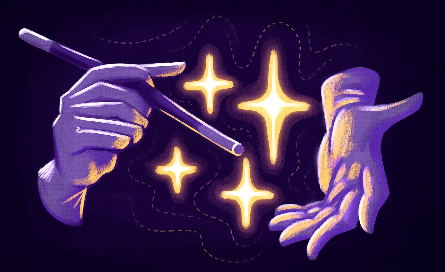 Two magician hands wave a magic wand to form glowing sparkles. The hands are mangled, featuring too many fingers, and the wand is bent, to reference the way AI struggles with hands and basic objects.