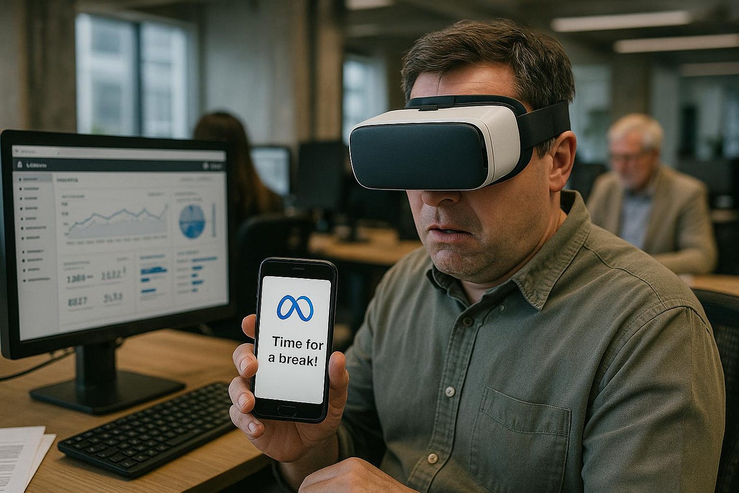 Man in VR Headset Holding Meta 'Time for a Break' Phone Notification in Office Man in VR Headset Holding Meta 'Time for a Break' Phone Notification in Office