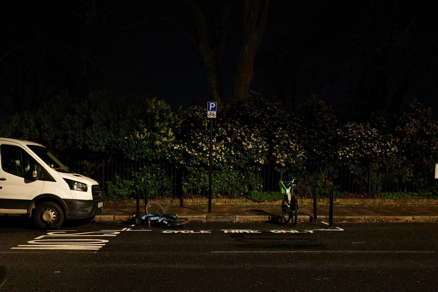 Two hire bikes in a dedicated bay, one standing, one tipped on its side Two hire bikes in a dedicated bay, one standing, one tipped on its side