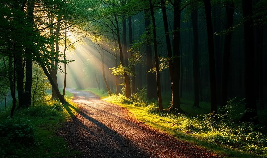 A winding forest path with soft morning light