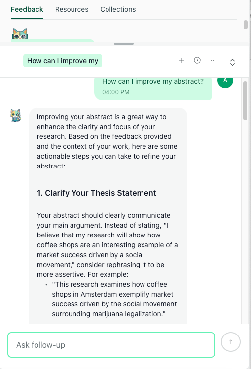 Chat with Theo suggesting a stronger thesis statement for an abstract by replacing “I believe my research will show” with an assertive claim.