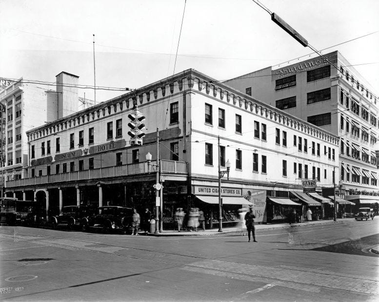 The Biscayne Hotel in 1930, a year prior to it being purchased by Burdines Department Store. Photo courtesy of Florida State Archives. Photographer William Fishbaugh. The Biscayne Hotel in 1930, a year prior to it being purchased by Burdines Department Store. Photo courtesy of Florida State Archives. Photographer William Fishbaugh.