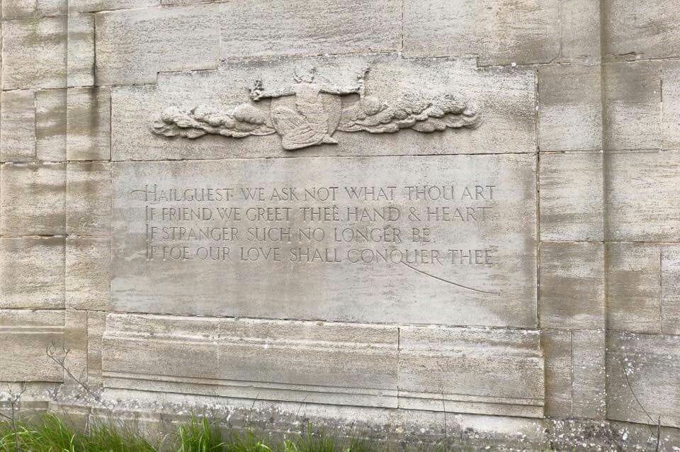 Inscription on a column at the entrance of Brighton: “Hail guest we ask not what thou art. If friend, we greet thee hand & heart. If stranger, such no longer be. If foe, our love shall conquer thee.” Inscription on a column at the entrance of Brighton: “Hail guest we ask not what thou art. If friend, we greet thee hand & heart. If stranger, such no longer be. If foe, our love shall conquer thee.”