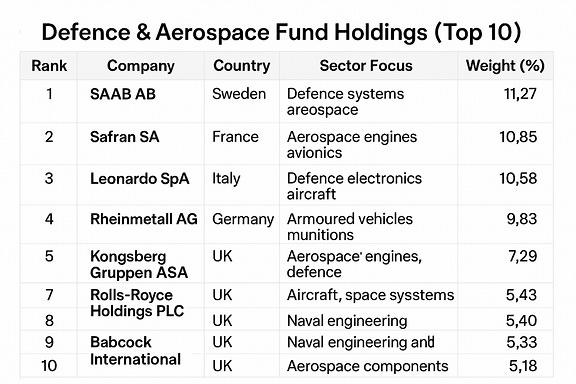 Create a publication-ready JPG table showing top 10 European defence & aerospace fund holdings. Columns: Rank, Company, Country, Sector Focus, Weight (%). Data: 1 SAAB AB (Sweden, Defence systems, 11.27%), 2 Safran SA (France, Aerospace engines, 10.85%), 3 Leonardo SpA (Italy, Defence electronics, 10.58%), 4 Thales SA (France, Defence electronics, 9.98%), 5 Rheinmetall AG (Germany, Armoured vehicles, 9.83%), 6 Kongsberg Gruppen ASA (Norway, Missiles/naval systems, 7.29%), 7 Rolls-Royce Holdings PLC (UK, Aerospace engines, 5.43%), 8 Airbus SE (Netherlands/France, Aircraft/space systems, 5.40%), 9 Babcock International (UK, Naval engineering, 5.33%), 10 Melrose Industries PLC (UK, Aerospace components, 5.18%). Style: professional, shaded header row, alternating row colors, white background, subtle blue accents. Output format: JPG.