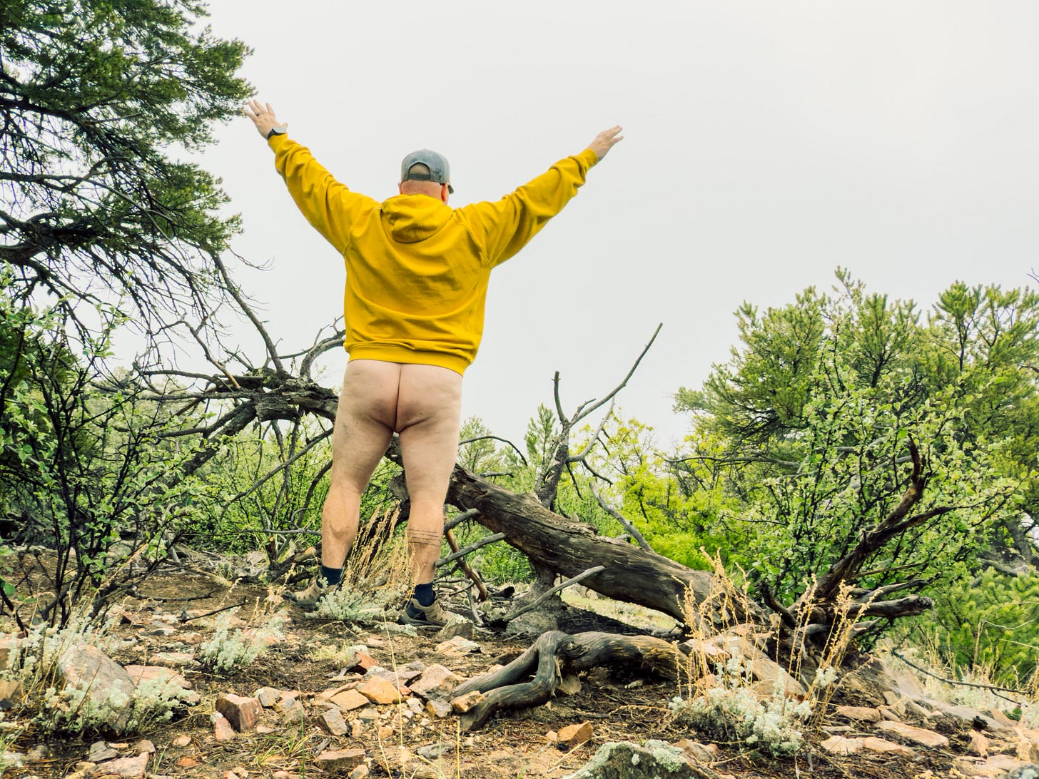 This image features a person from behind, standing in a rocky, wooded clearing with their arms raised high in a celebratory "V" shape.  The person is wearing a bright yellow hoodie, a grey baseball cap, dark socks, and hiking boots, but they are not wearing pants, exposing their bare buttocks and legs to the landscape. The background consists of sparse green trees, a fallen log, and an overcast sky.