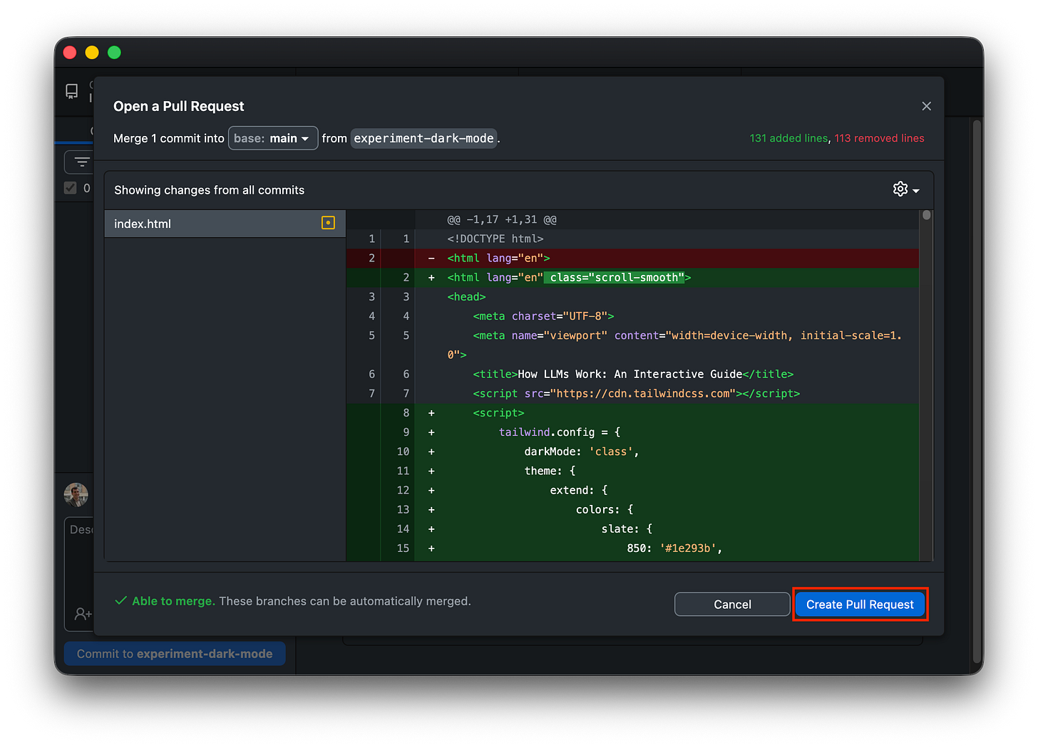 GitHub Desktop "Open a Pull Request" dialog showing a preview of the changes and the create button.