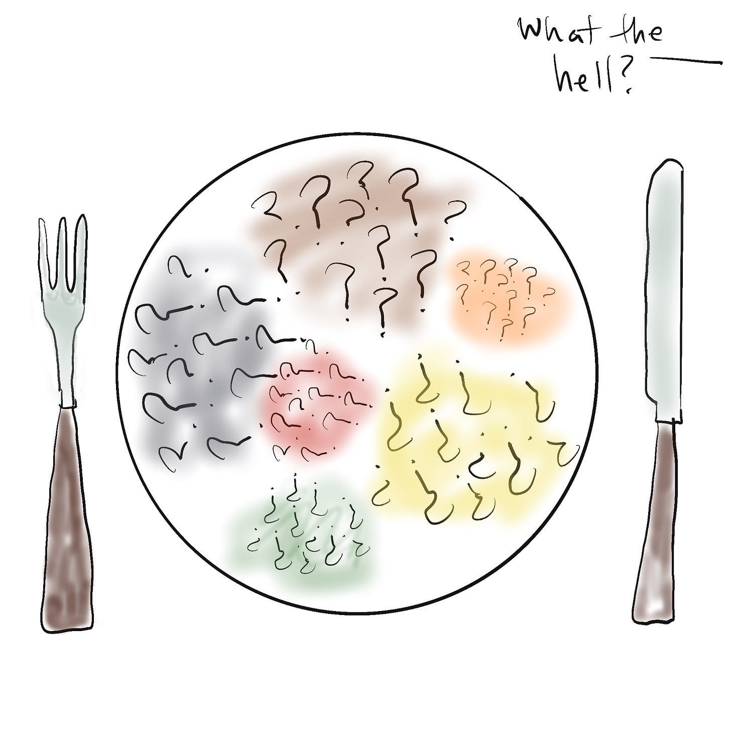 a dinner plate filled with question marks