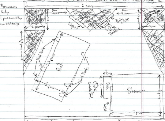 A hand-drawn diagram of a prison cell A hand-drawn diagram of a prison cell