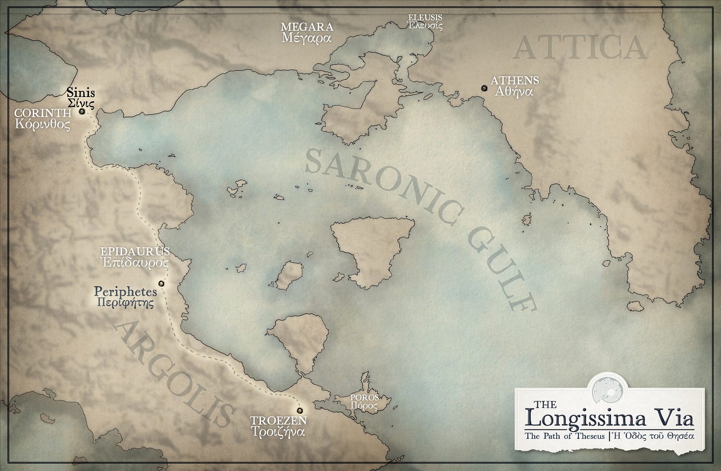 A stylized map showing the Saronic Gulf and the surrounding regions of Argolis, Corinth, and Attica in Greece. Marked locations include Troezen, Poros, Epidaurus, Corinth, Megara, Eleusis, and Athens. Along Theseus’s route are labeled points for Periphetes near Epidaurus and Sínis near Corinth. The map title reads “The Longissima Via: The Path of Theseus.”