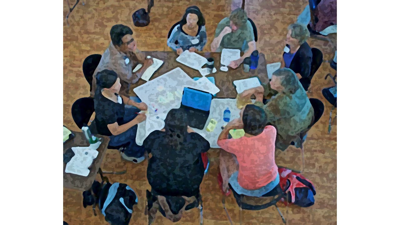stylized watercolor of adults sitting around a round table, with papers and computers in front of them