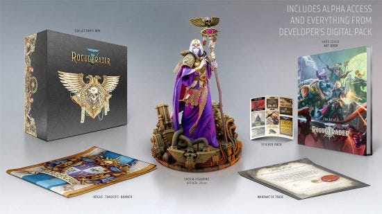 Warhammer 40k Rogue Trader Collector's Edition contents - Owlcat Games image showing the collectors edition box, rogue trader banner, warrant of trade, art book, sticker pack, and Cassia statue Warhammer 40k Rogue Trader Collector's Edition contents - Owlcat Games image showing the collectors edition box, rogue trader banner, warrant of trade, art book, sticker pack, and Cassia statue