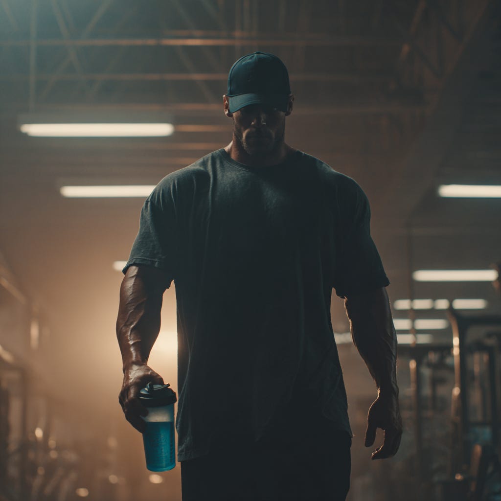 Strong muscular male athlete wearing a black cap and shirt drinking bcaa while training in the gym.