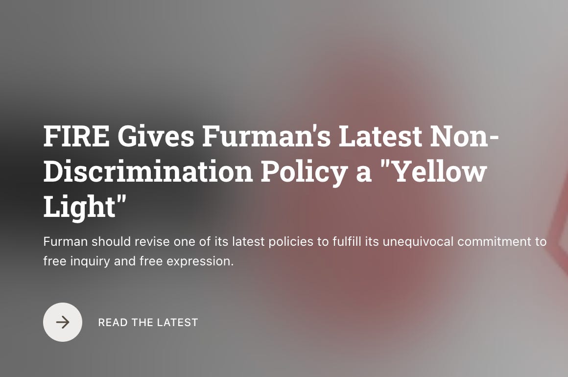 FIRE Gives Furman’s Latest Non-Discrimination Policy a “Yellow Light”