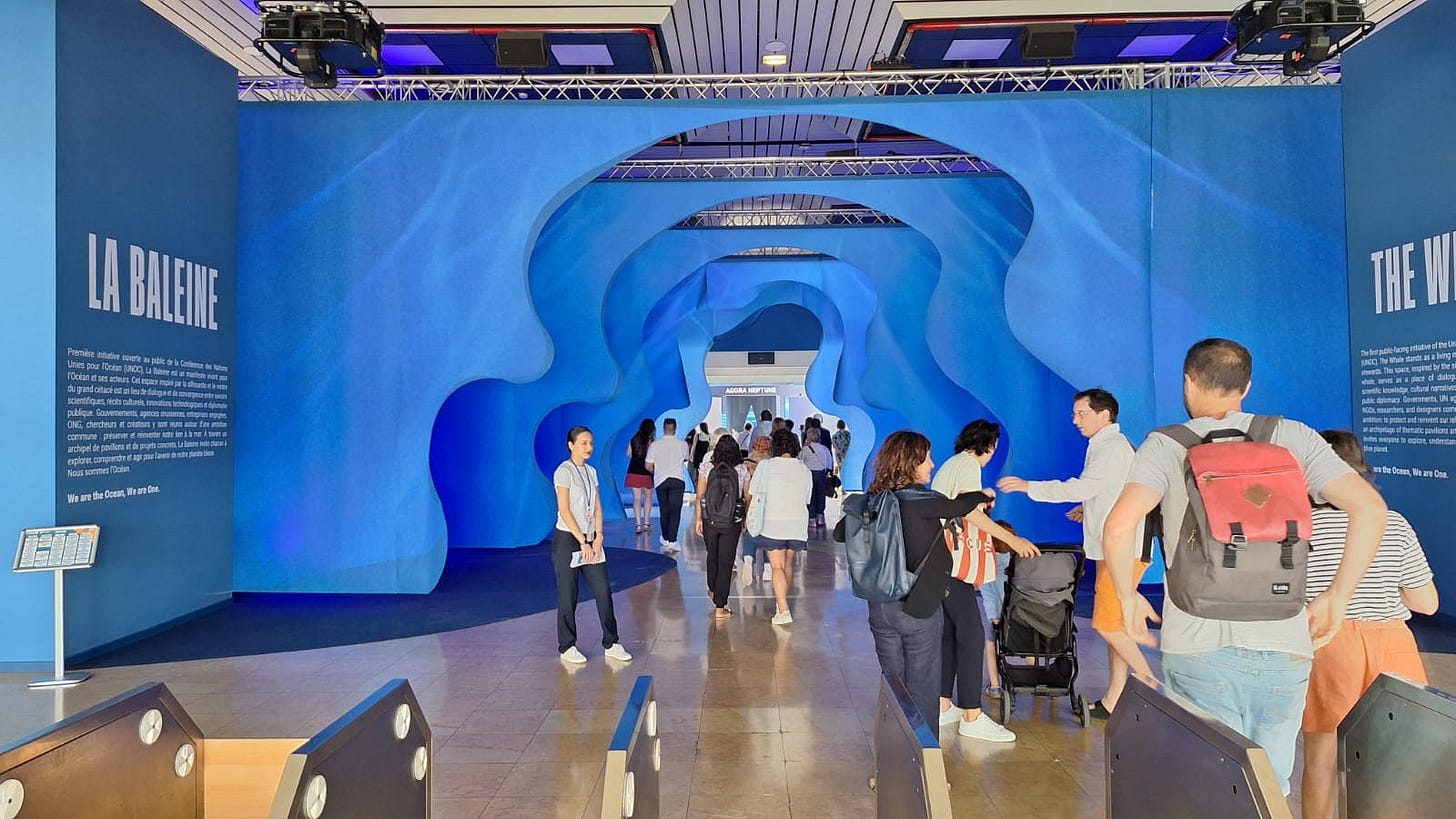 Foto. Mostrando o primeiro espaço da Zona Verde. Há enormes painéis azuis recortados no meio, colocados um atrás do outro. Dando a impressão ou de ondas ou de estar dentro de uma baleia. Há pessoas entrando no espaço