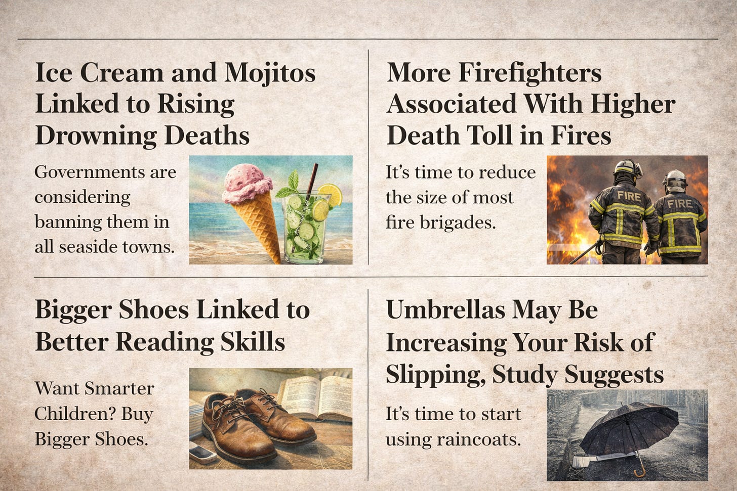 A vintage-style newspaper page featuring four satirical headlines with matching images: ice cream and mojitos linked to drowning deaths, more firefighters linked to higher fire deaths, bigger shoes linked to better reading skills, and umbrellas increasing the risk of slipping. The layout mimics exaggerated, misleading news logic to mock confusion between correlation and causation.