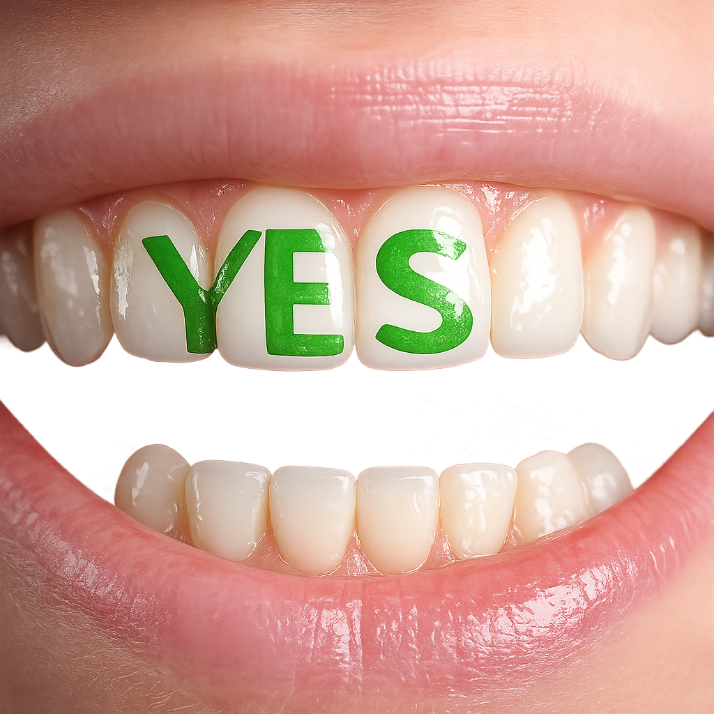 Close up image of teeth with the word yes written across them, symbolising decisive commitment and saying no to other priorities in startup focus