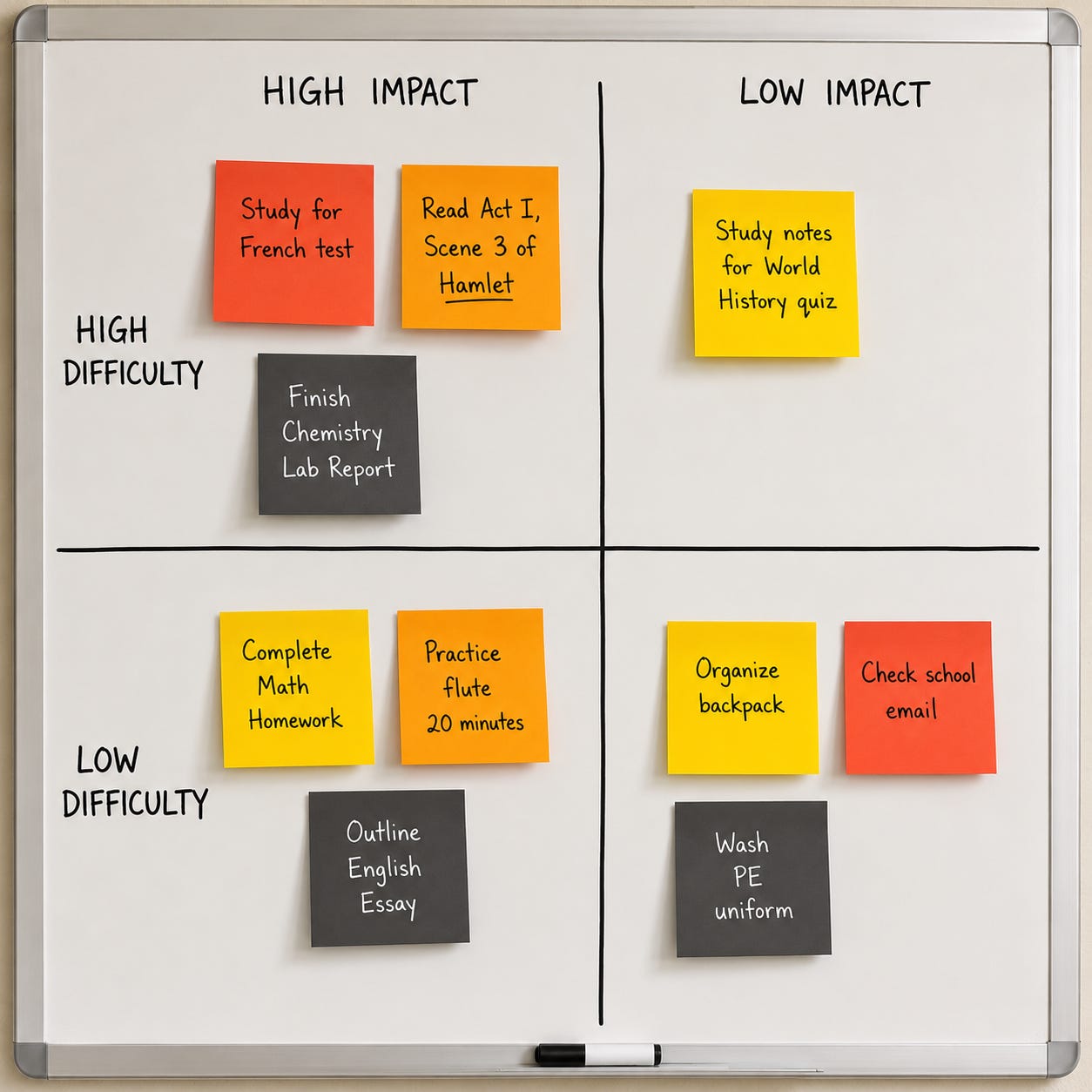 A whiteboard divided into a 2x2 matrix with axes labeled High Impact/Low Impact and High Difficulty/Low Difficulty. Colorful sticky notes list high school assignments such as studying for a French test, reading Hamlet, completing math homework, finishing a chemistry lab report, practicing flute, and washing a PE uniform. A whiteboard divided into a 2x2 matrix with axes labeled High Impact/Low Impact and High Difficulty/Low Difficulty. Colorful sticky notes list high school assignments such as studying for a French test, reading Hamlet, completing math homework, finishing a chemistry lab report, practicing flute, and washing a PE uniform.