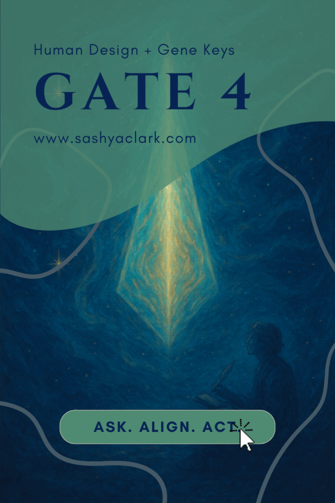 Human Design and Gene Keys Gate 4—small contemplative figure at right beneath a glowing prism; deep teal and gold prismatic light spills across a starry cosmos, symbolizing clarity and insight.