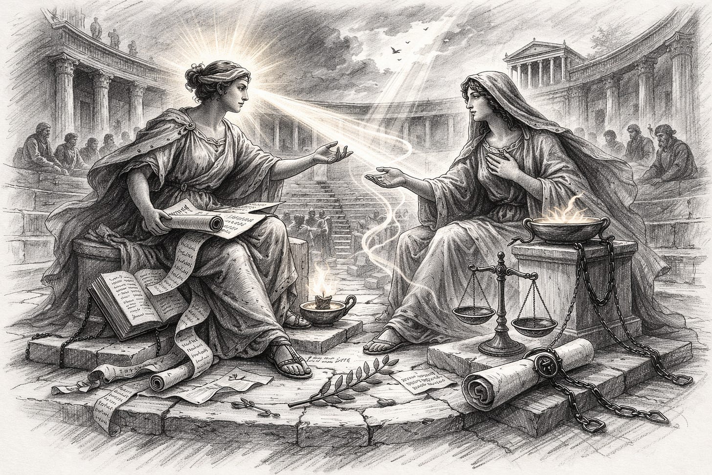  (prompt for ChatGPT : “I like to create a serious or conceptual pencil sketch on the two greek goddesses Truth and Trust in ‘action’ of conversing or discussion like style, possibly in the background of a Greek or Roman amphitheatre” )