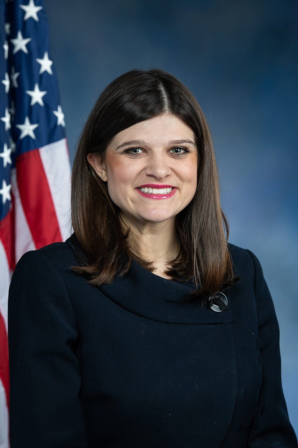 Haley Stevens official portrait 2019; white woman with shoulder legnth brown hair and a dark suit smiling with flag behind her Haley Stevens official portrait 2019; white woman with shoulder legnth brown hair and a dark suit smiling with flag behind her