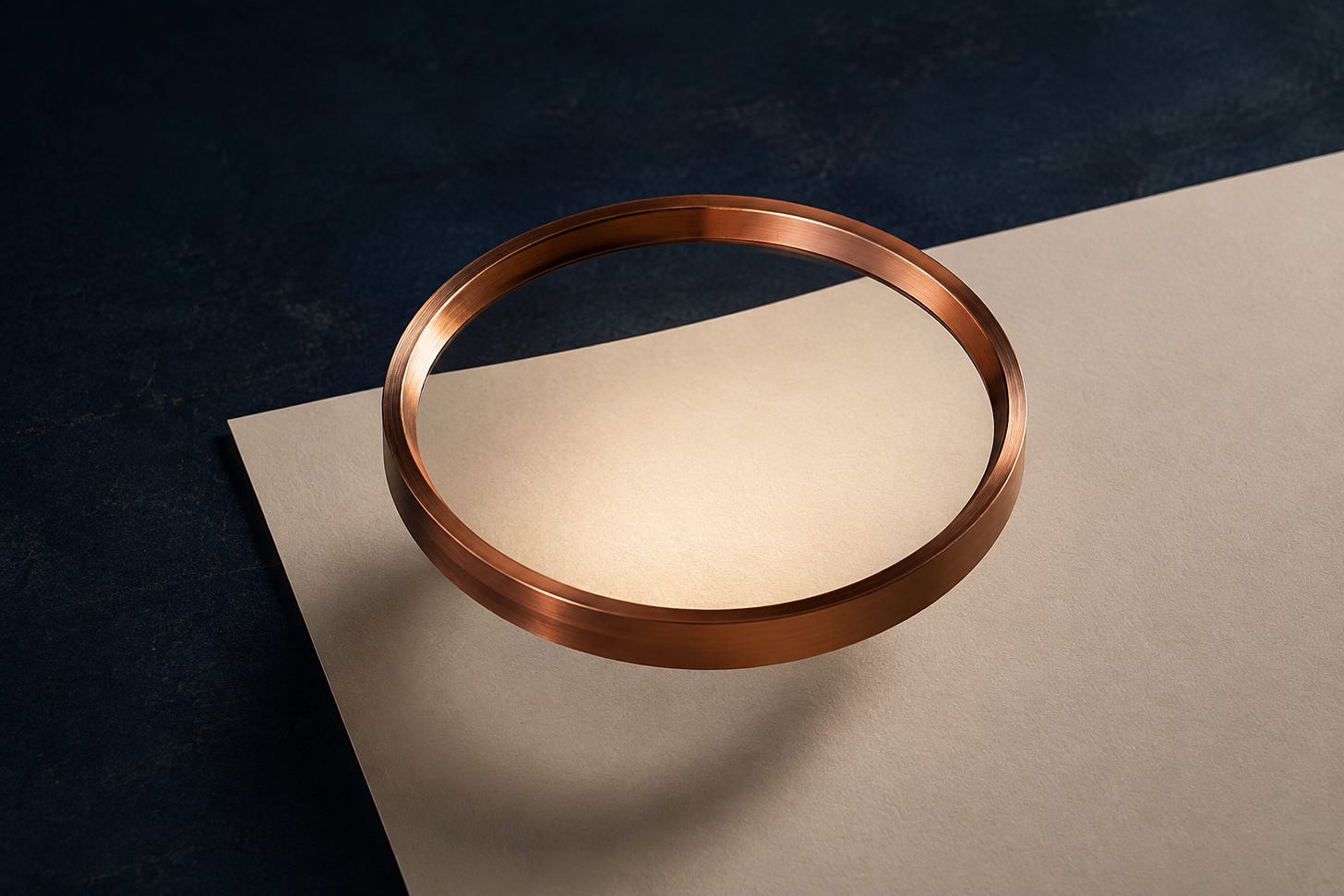 Editorial illustration of a copper ring suspended above an ivory sheet on a dark navy surface. Editorial illustration of a copper ring suspended above an ivory sheet on a dark navy surface.