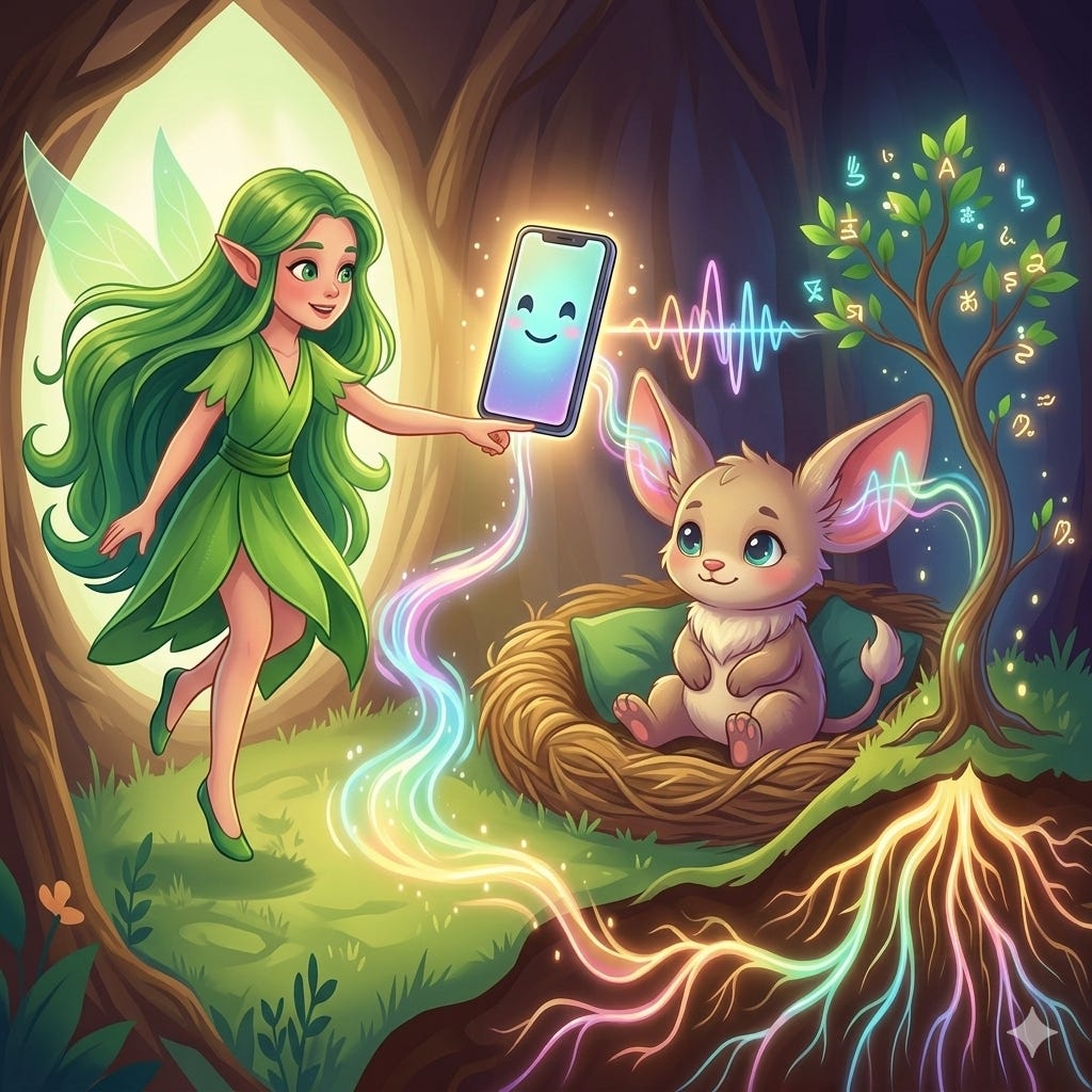 A conceptual diagram showing the "IOI Cycle" (Input-Output-Input). It illustrates a person interacting with an AI buddy, where Japanese input from the user returns as personalized English audio (Crosstalk), leading to "Aha Moments" and neural mapping. A conceptual diagram showing the "IOI Cycle" (Input-Output-Input). It illustrates a person interacting with an AI buddy, where Japanese input from the user returns as personalized English audio (Crosstalk), leading to "Aha Moments" and neural mapping.