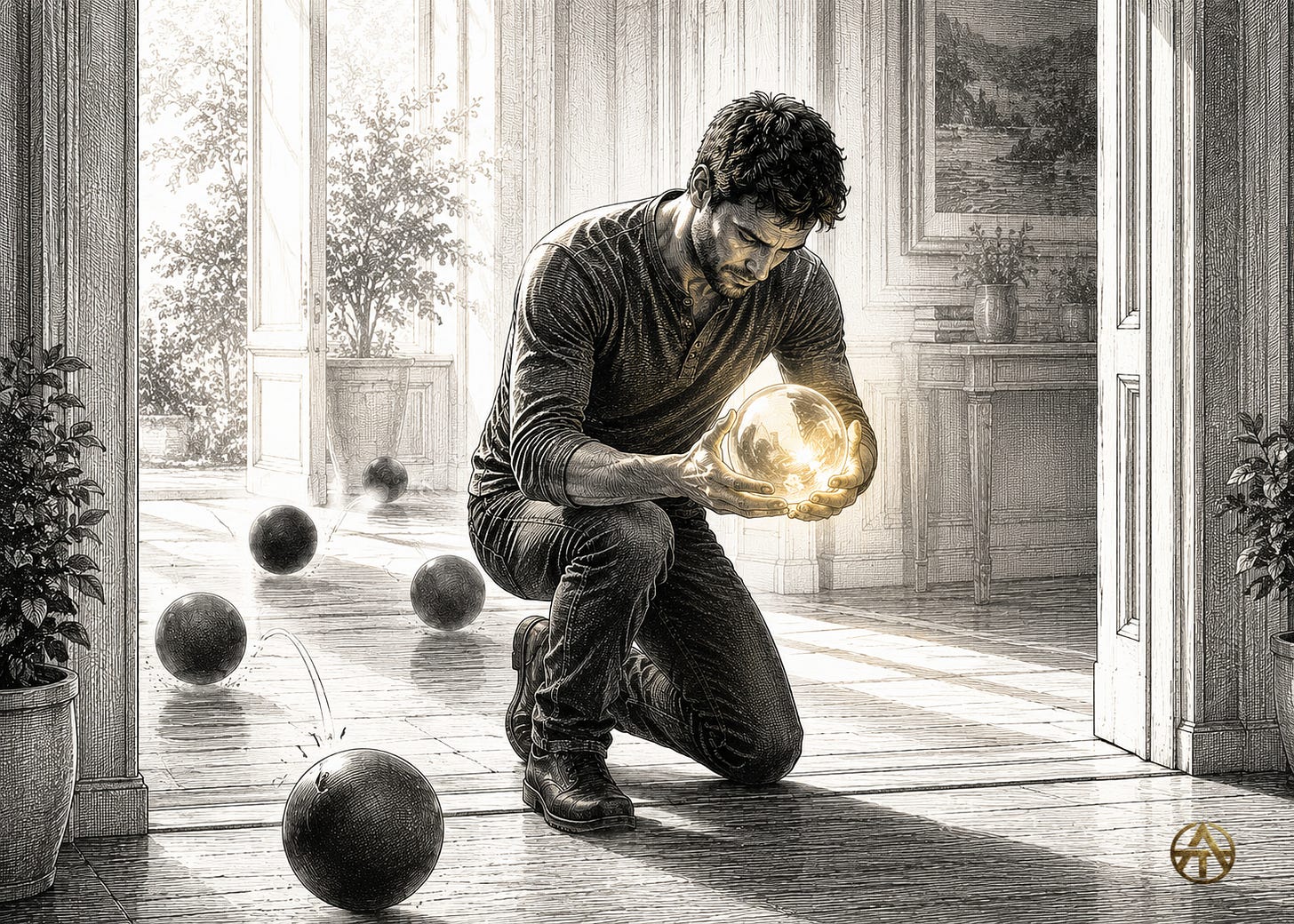 A kneeling man protects a glowing glass sphere while several dark balls bounce away across a sunlit room. A kneeling man protects a glowing glass sphere while several dark balls bounce away across a sunlit room.
