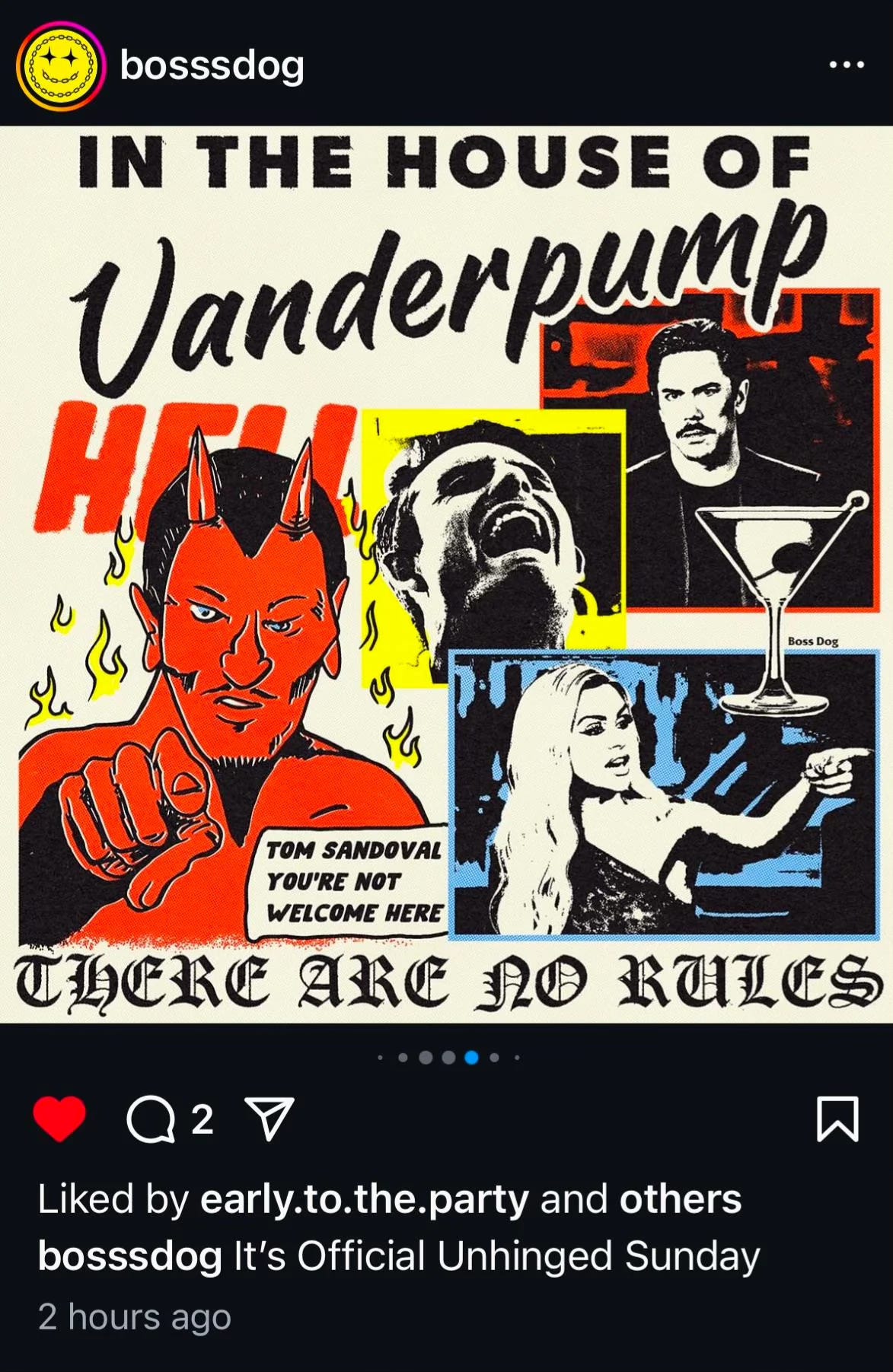 Alt-text: Collage-style graphic with bold colors featuring cartoon and real images, including a red devil pointing with text “Tom Sandoval You’re Not Welcome Here,” and phrases like “In the House of Vanderpump,” “HELL,” and “THERE ARE NO RULES.” Martini glass and expressive faces add to the chaotic vibe.