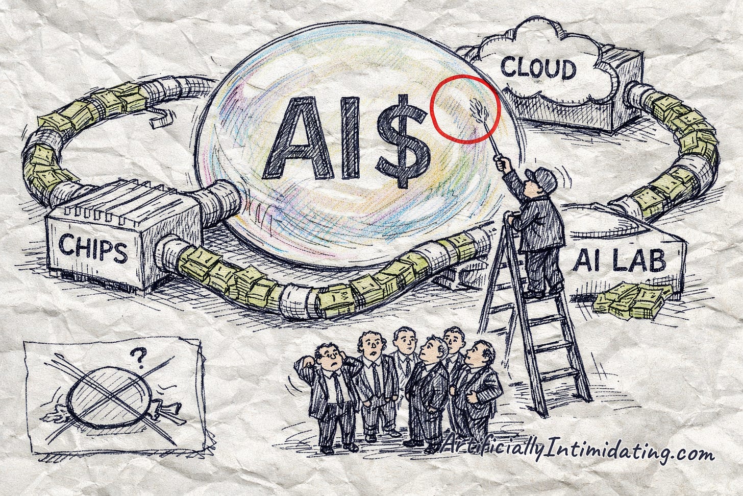 Editorial cartoon: a giant AI dollar bubble fed by circular money-pipes between chips, cloud and AI lab, as tiny central bankers watch one official reach up with a pin