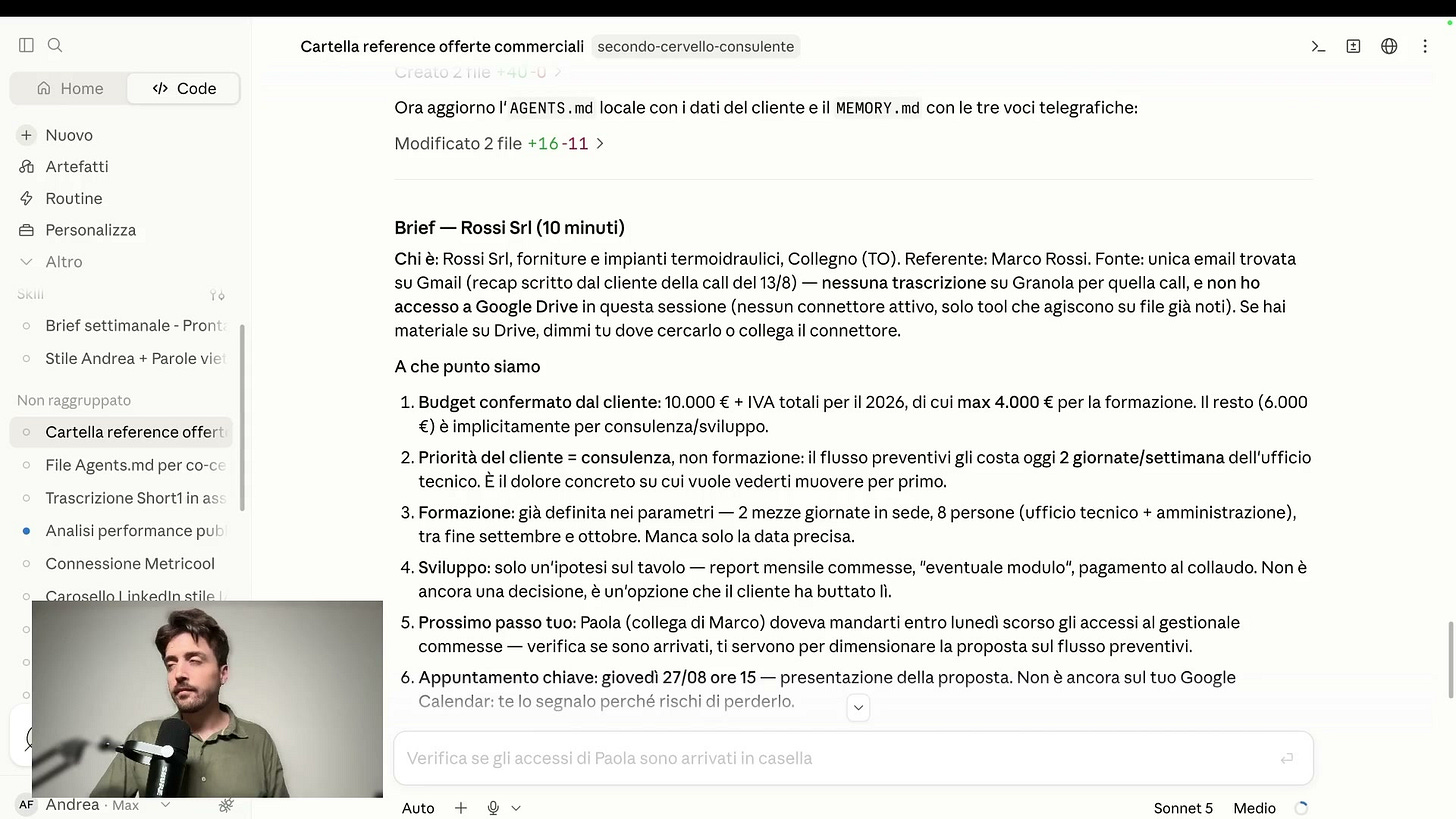 Il brief sul cliente Rossi generato da Claude leggendo Gmail e Google Drive: stato della trattativa e prossimo passo
