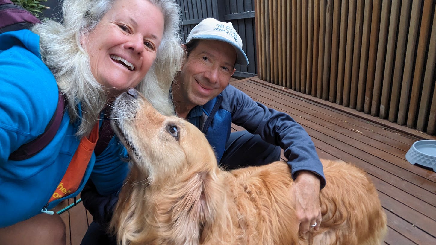 couple with golden retriever couple with golden retriever