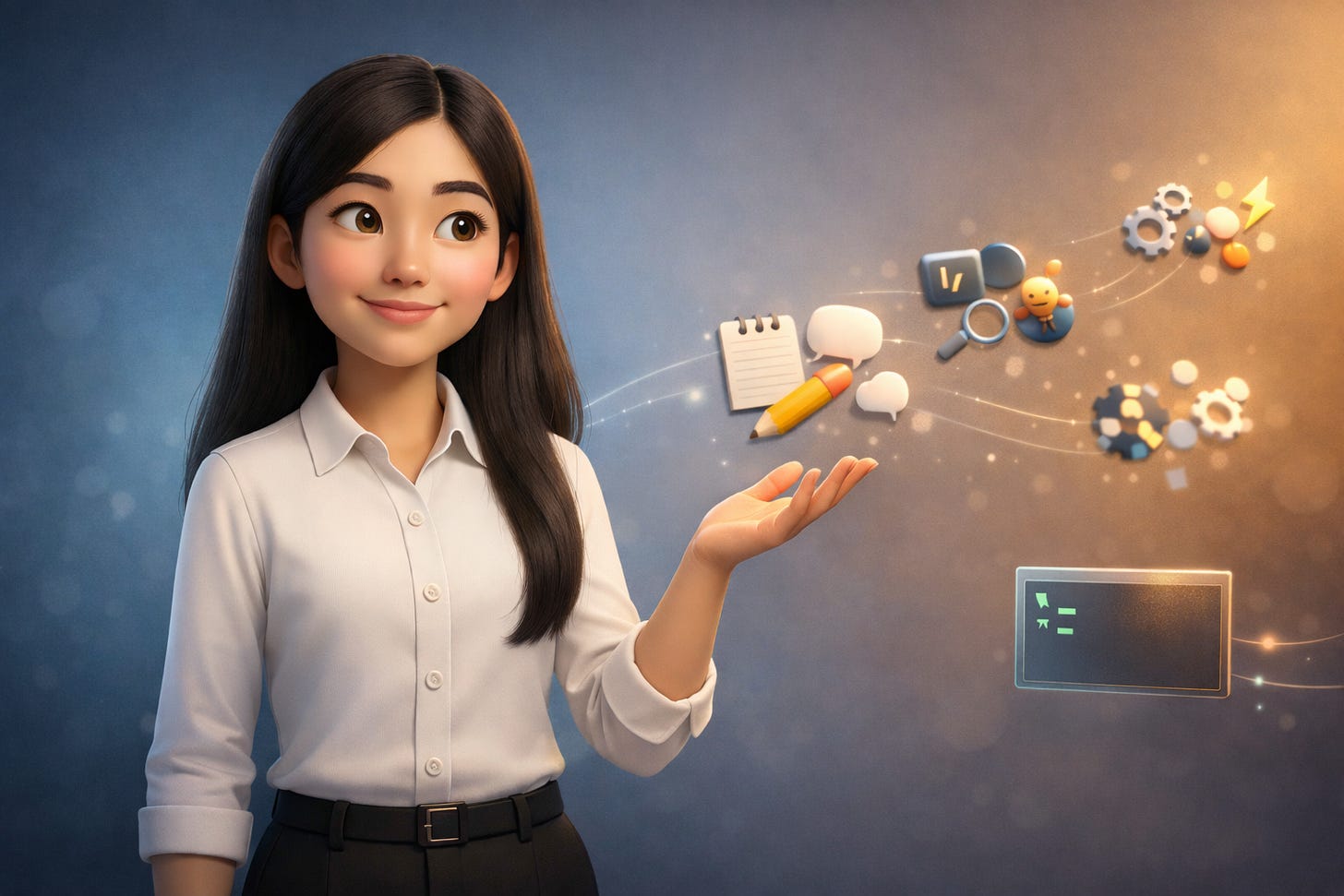Pixar-style 3D illustration of Jenny Ouyang from Build to Launch with clusters of 3D symbols — pens, magnifying glasses, code brackets, and gears — flowing outward from a glowing terminal window, representing 15 Claude Code prompts across writing, research, coding, and systems