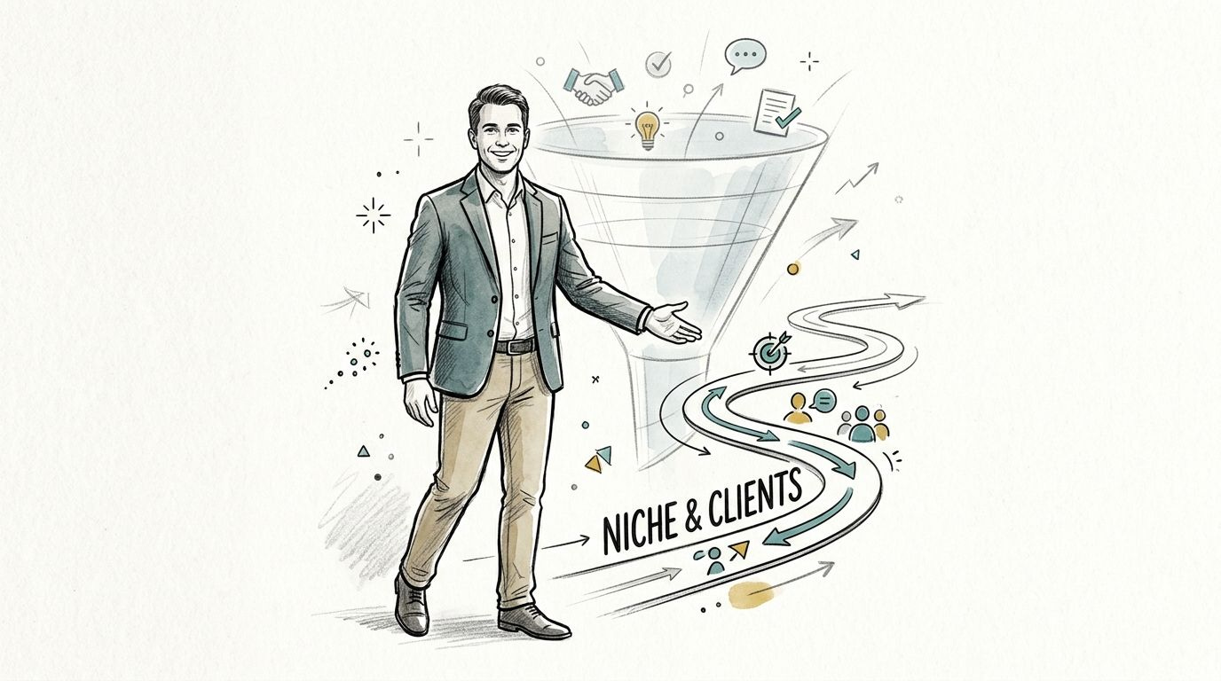 A professional business consultant gesturing toward a sales funnel and a pathway representing client acquisition strategies.
