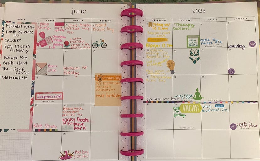My June planner that is rainbow colored and filled with fun activities I found online to do!