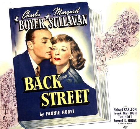 Three respective posters of the 1932, 1941, and 1961 film versions of Back Street.