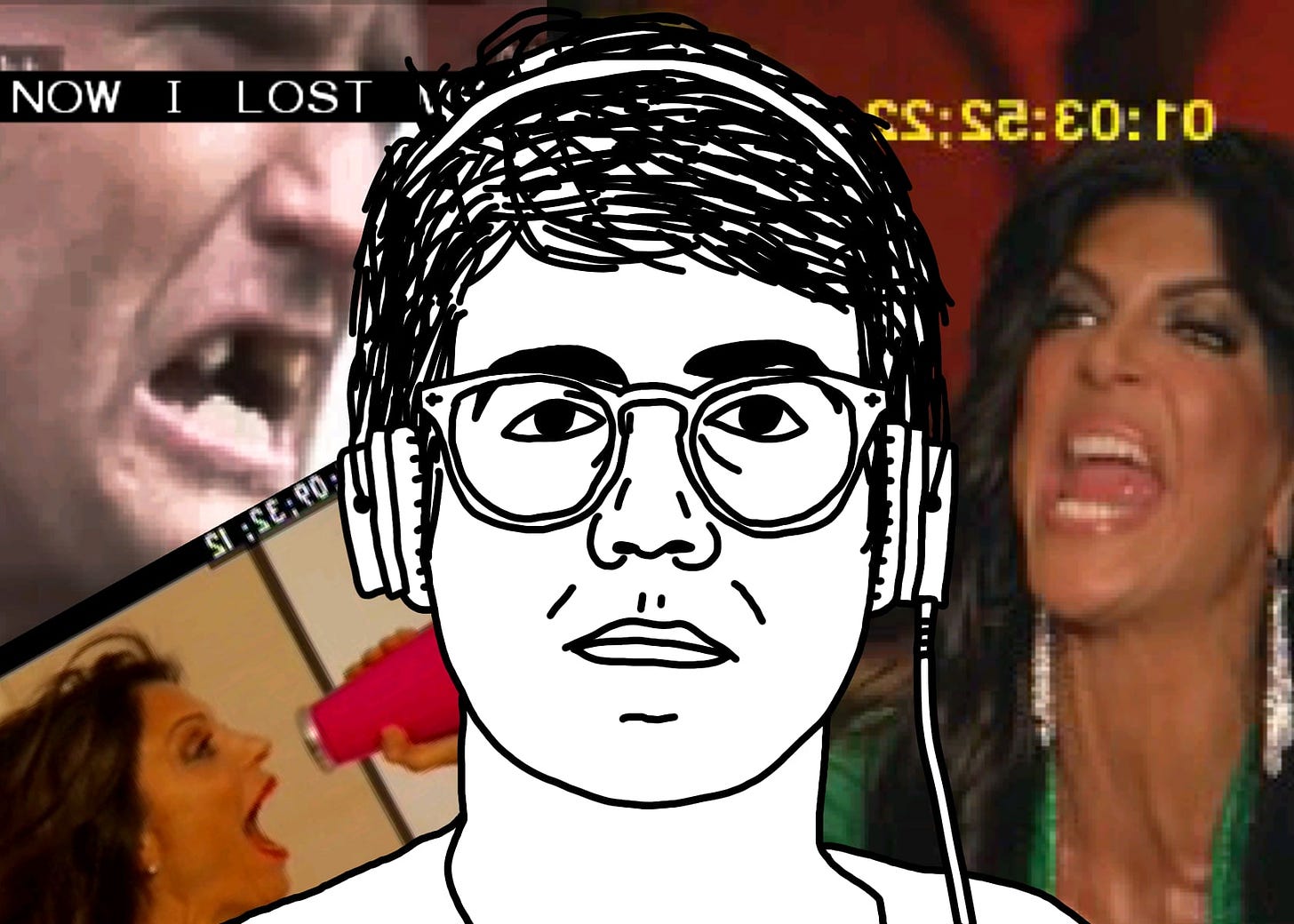A black-on-white line drawing of Alex Porter, the protagonist of "I Hear You Watching." He’s a white guy in his late twenties, short messy parted hair, glasses, and headphones. He stares straight at you, unsmiling. Behind him is a collage of reality TV screenshots of people screaming, complete with timecode and bits of captions visible.