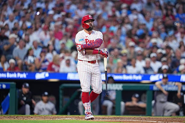 Kyle Schwarber of the Philadelphia Phillies looks on against the New York Yankees at Citizens Bank Park on July 26, 2026 in Philadelphia,...