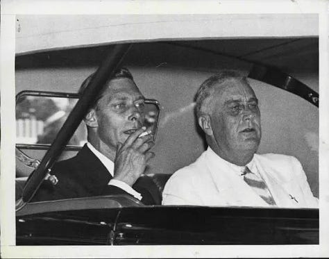 King George VI holding a cigarette, smoking with FDR, and in a candid photograph smoking outdoors